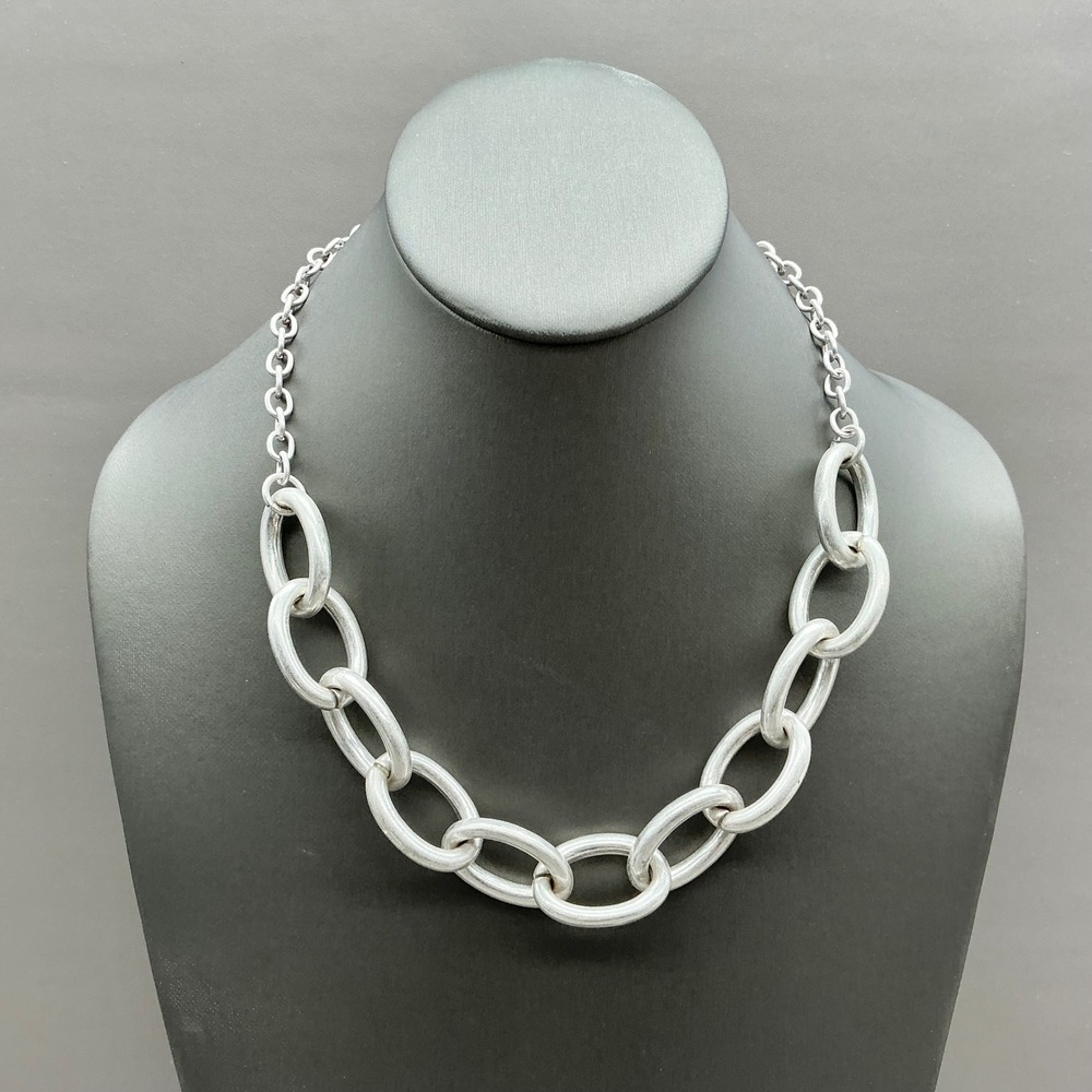 Chunky Link Chain Necklace Women Silver Tone Matte Finish Bold Statement Jewelry